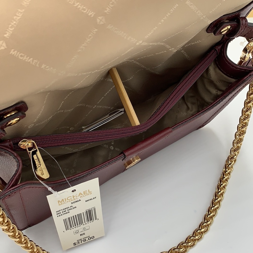 MICHAEL KORS SONIA MEDIUM EAST WEST SHOULDER CROSSBODY BAG MERLOT COLOR - Picture 15 of 16